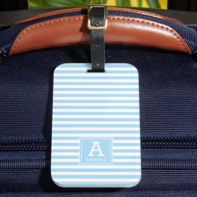 Niedliche Pulverfarbe Blaue Streifen Mit Monogramm Gepäckanhänger (Vorderseite Insitu 2)