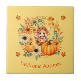 Niedliche Pumpkettenmaus im Herbstkranz Fliese
