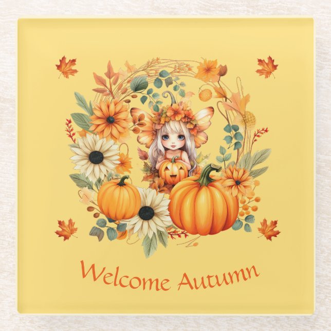 Niedliche Pumpkettenmaus im Herbstkranz Glasuntersetzer (Vorderseite)