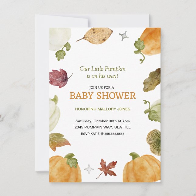 Niedliche Pumpkin Fall Baby Dusche Einladung (Vorderseite)