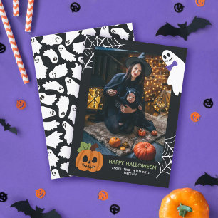 Niedliche Pumpkin & Ghost Happy Halloween Foto Feiertagskarte