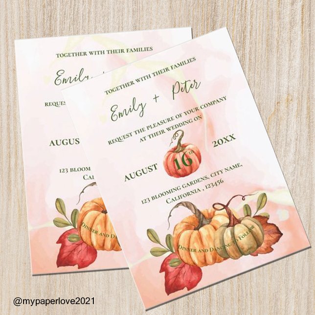 Niedliche Pumpkin Herbstleaves Monogramm-Hochzeit  Einladungspostkarte (Von Creator hochgeladen)