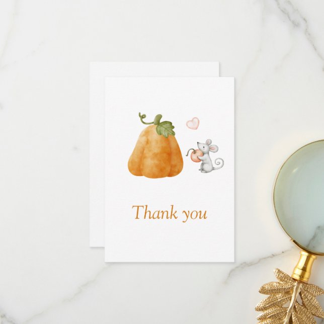 Niedliche Pumpkin Mouse Fall Baby Dusche Dankeskarte (Vorderseite/Rückseite Beispiel)
