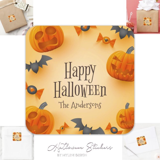 Niedliche Pumpkins Bats und Spyders Happy Hallowee Quadratischer Aufkleber (Von Creator hochgeladen)