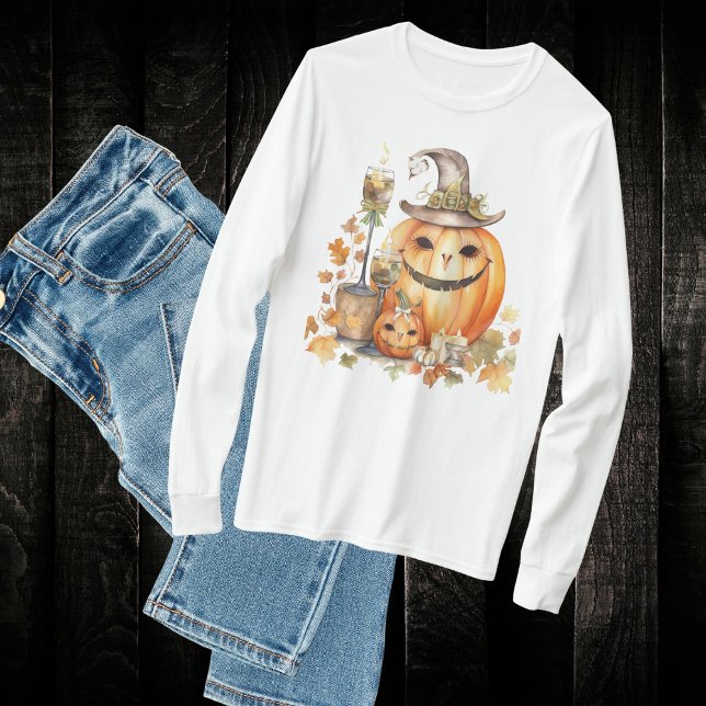 Niedliche Pumpkins mit Bögen, Kerzen und Leinen T-Shirt (Two cute pumpkins with bows and fall leaves t- shirt.  Awesome for fall season and Halloween. )