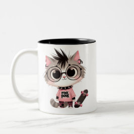 Niedliche Punk-Katze mit Skateboard | Pink Punk Ki Zweifarbige Tasse