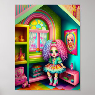 Niedliche Puppe in einem Puppenhaus Poster