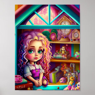 Niedliche Puppe in einem Puppenhaus Poster