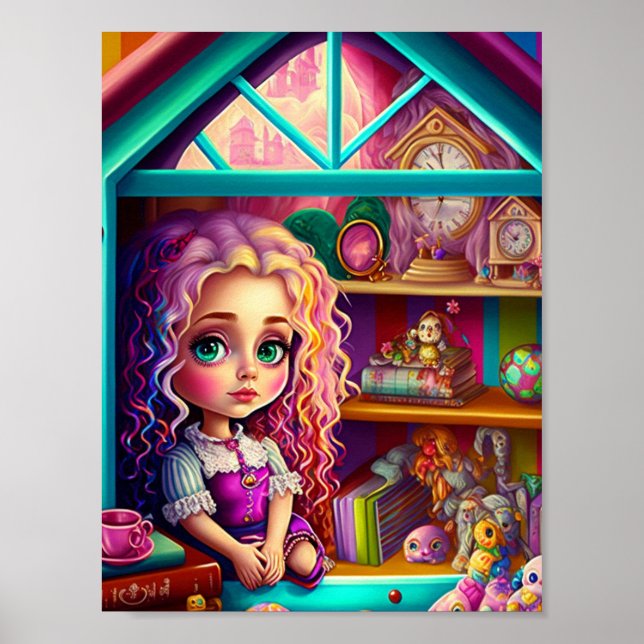 Niedliche Puppe in einem Puppenhaus Poster (Vorne)