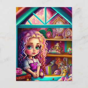 Niedliche Puppe in einem Puppenhaus Postkarte