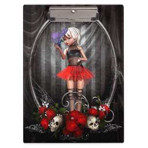 Niedliche Puppe mit Drachen, Skullen und Rote Rose Klemmbrett