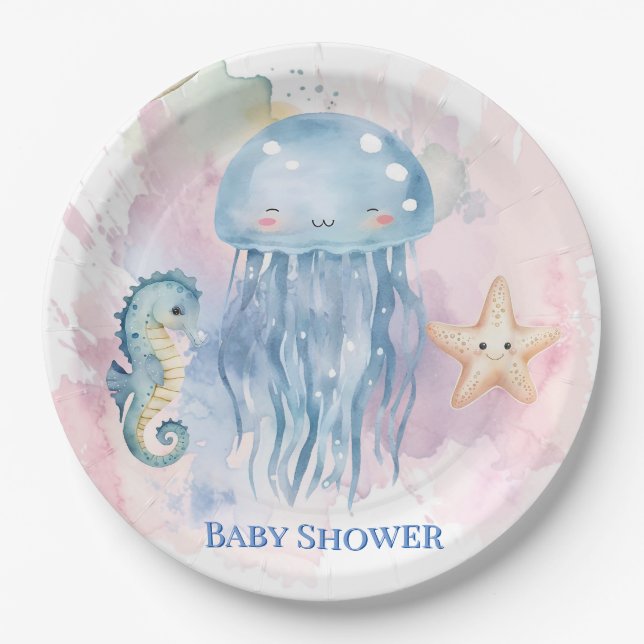 Niedliche Qualle und Friends Pastel Babydusche Pappteller (Vorderseite)