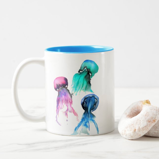 Niedliche Quallen-Trio Aquarellkunst Zweifarbige Tasse (Mit Donut)