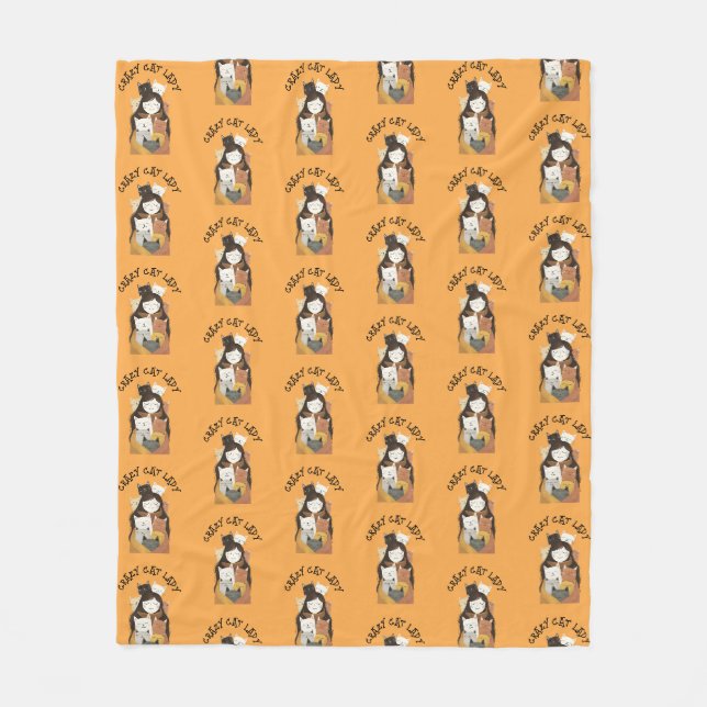 Niedliche Quirky Crazy Cat Lady Muster gelb Fleecedecke (Vorderseite)