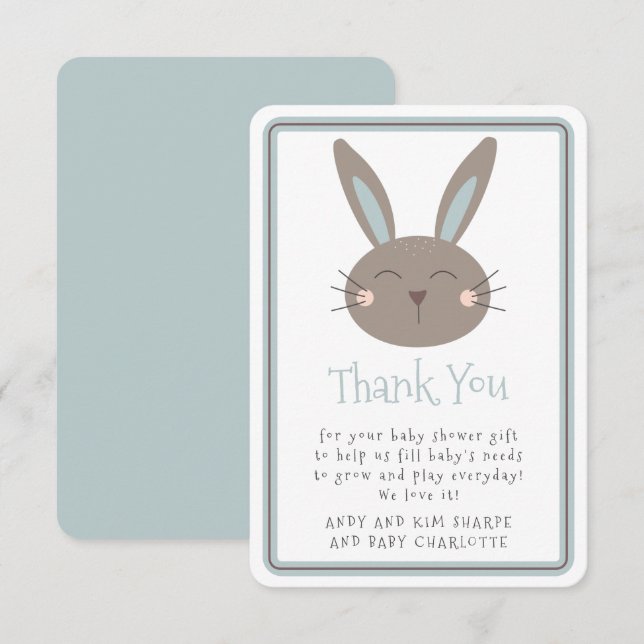 Niedliche Rabbit Baby Dusche Vielen Dank Dankeskarte (Vorne/Hinten)