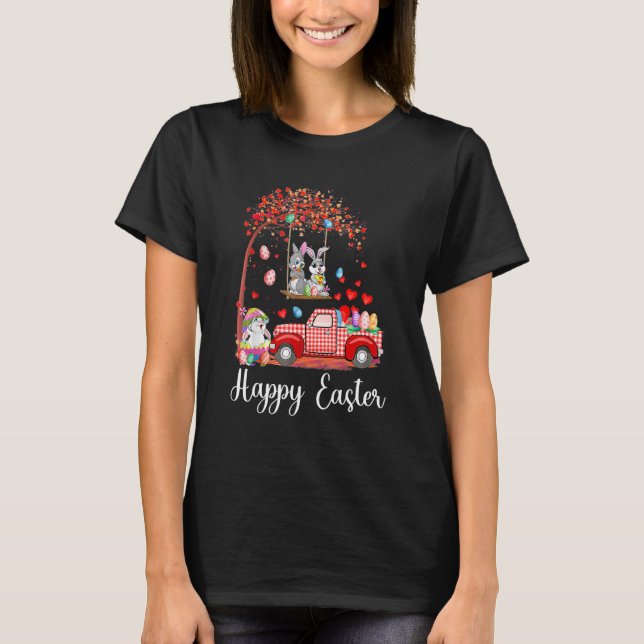 Niedliche Rabbit Bunnies Red Truck Ei Jagd Happy E T-Shirt (Vorderseite)