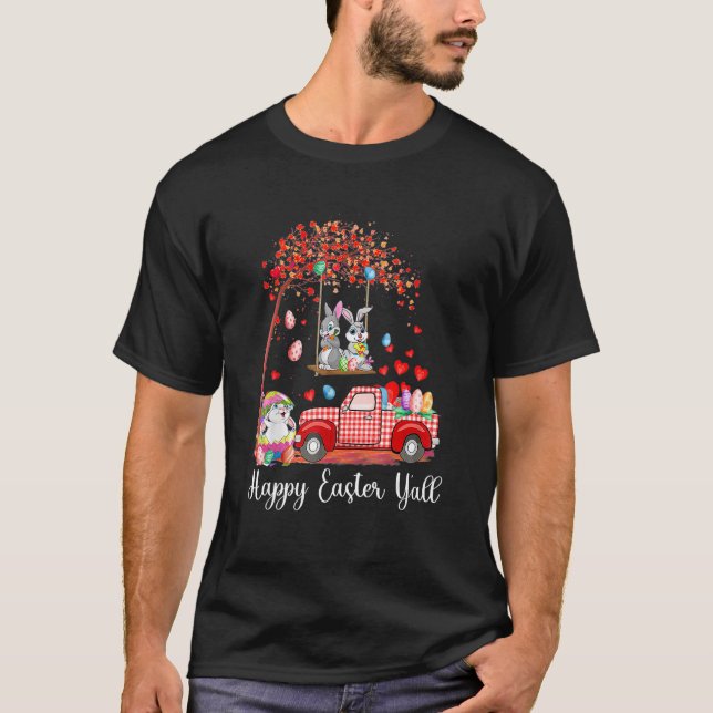 Niedliche Rabbit Bunnies Red Truck Ei Jagd Happy E T-Shirt (Vorderseite)
