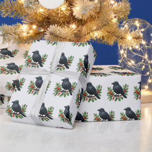Niedliche Raben-Holly-Beeren-Wald-Weihnachten Geschenkpapier
