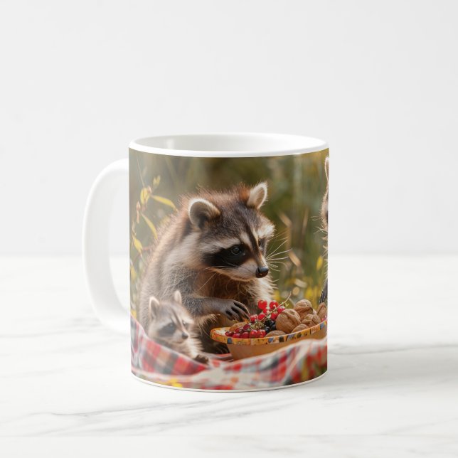 Niedliche Raccoon-Familie mit Picknick Kaffeetasse (Vorderseite Links)