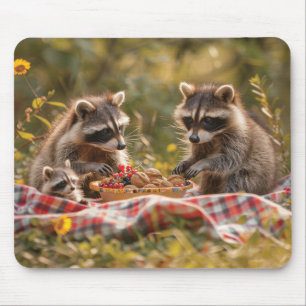 Niedliche Raccoon-Familie mit Picknick Mousepad