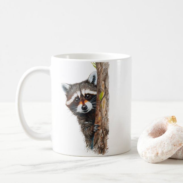 Niedliche Raccoon Peeking Tree Klassische Tasse (Mit Donut)