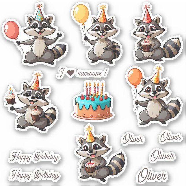 Niedliche Raccoons Happy Birthday Personalisiert Aufkleber (Vorderseite)