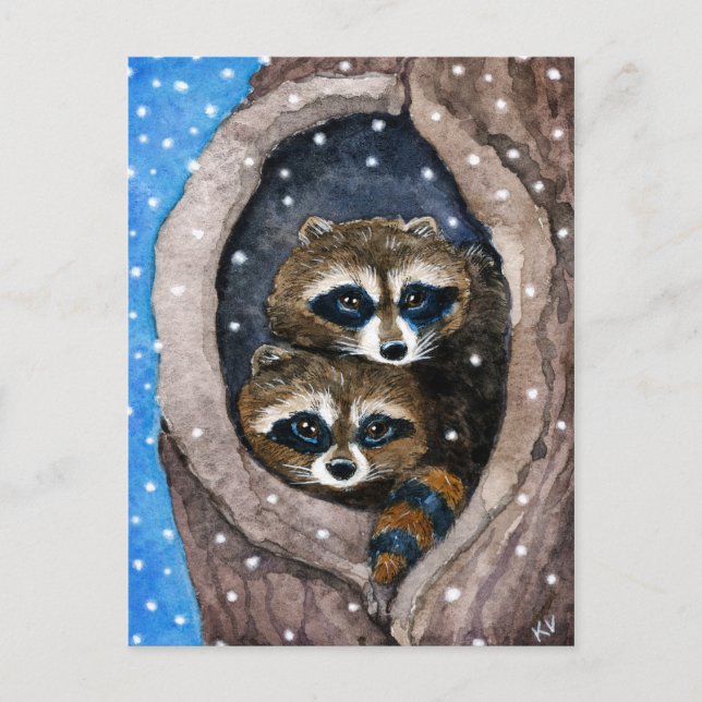 Niedliche Raccoonsschnee Weihnachtspostkarte Feiertagspostkarte (Vorderseite)