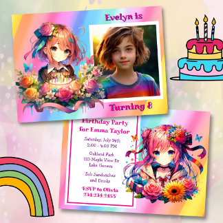 Niedliche Rainbow Anime Girl's Birthday Party Einladung