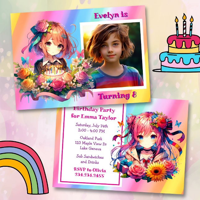 Niedliche Rainbow Anime Girl's Birthday Party Einladung (Von Creator hochgeladen)