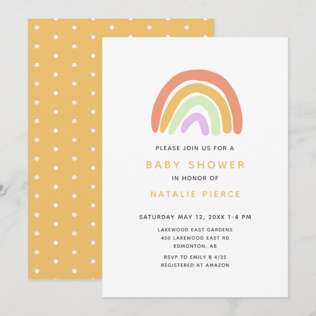 Niedliche Rainbow Baby Dusche Elegant Einfach gelb Einladung (Vorne/Hinten)