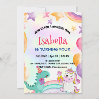 Niedliche Rainbow Dinosaur Unicorn Geburtstagspart Einladung