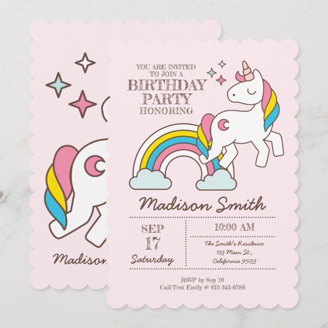 Niedliche Rainbow-Einhorn-Glitzern Einladung zum G (Vorne/Hinten)