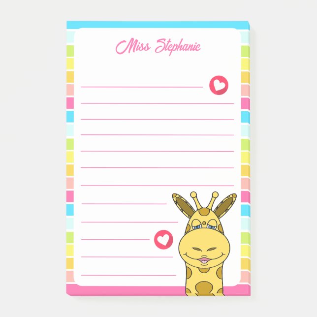 Niedliche Rainbow-Giraffe mit Herzname Post-it Klebezettel (Vorderseite)