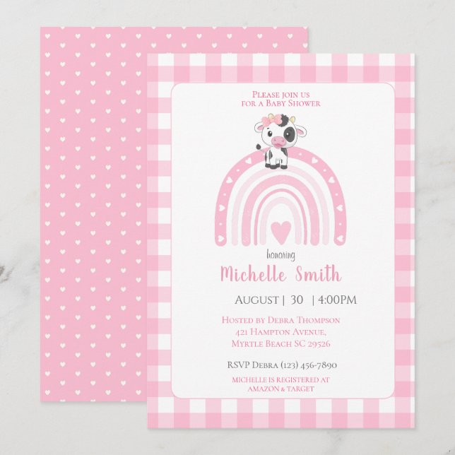 Niedliche Rainbow Hearts Pink Gingham Girls Einladung (Vorne/Hinten)