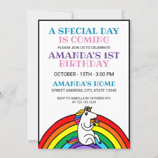 Niedliche Rainbow Unicorn Thema 1. Geburtstag Einladung