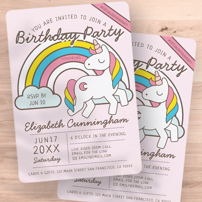 Niedliche Rainbow Unicorn Virtual Birthday Party Einladung (Von Creator hochgeladen)