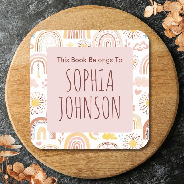 Niedliche Rainbows und Daisy Blume Buchzeichen Quadratischer Aufkleber (Close up)