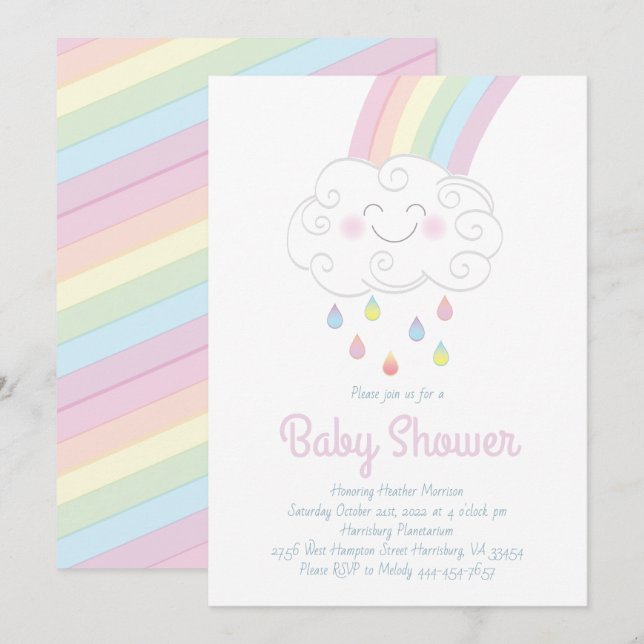 Niedliche Raindrops Cloud Rainbow Pastel Babydusch Einladung (Vorne/Hinten)