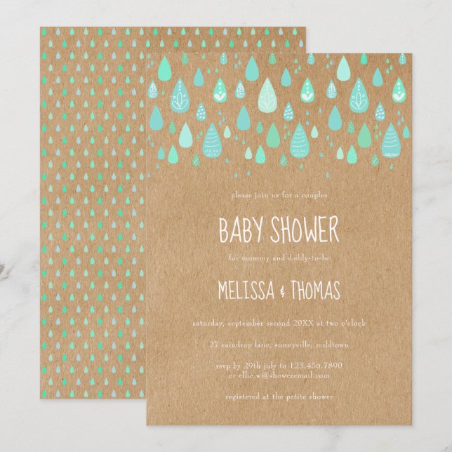 Niedliche Raindrops Paare Kinderdusche / Sprinkle Einladung (Vorne/Hinten)