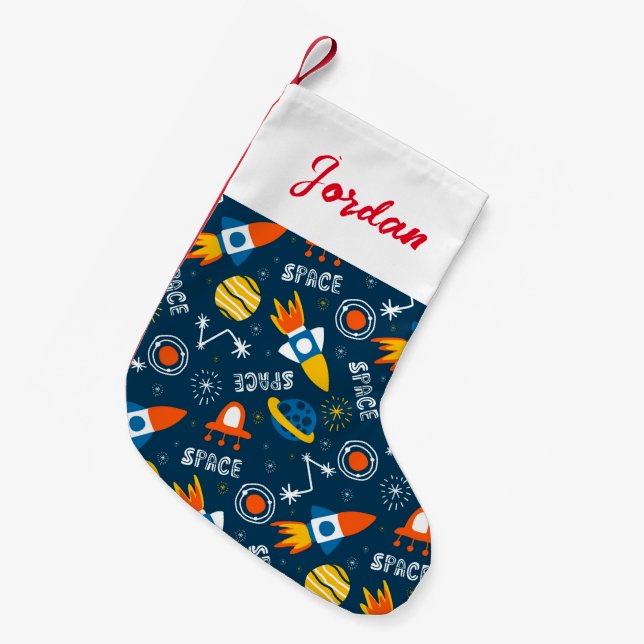 Niedliche Raumabenteuermuster Kleiner Weihnachtsstrumpf (Vorderansicht (hängend))