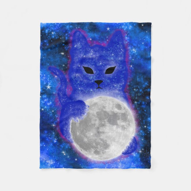 Niedliche Raumkatze Spielen mit dem Mond Fleecedecke (Vorderseite)