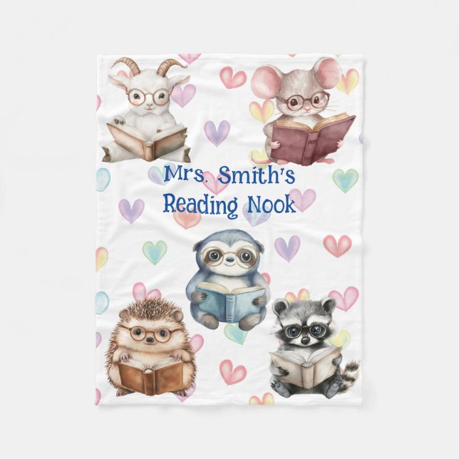 Niedliche "Reading Nook"-Aquarelltiere Fleecedecke (Vorderseite)