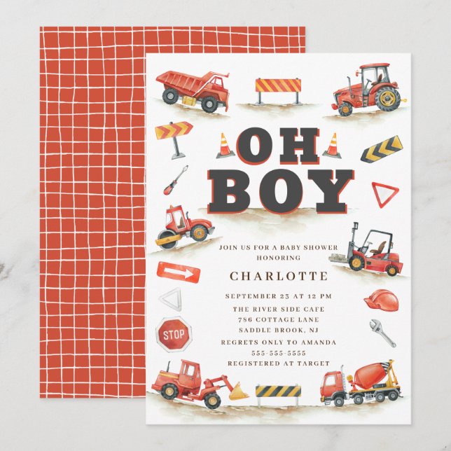 Niedliche Red Construction Truck Baby Dusche Einla Einladung (Vorne/Hinten)