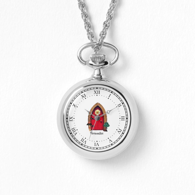 Niedliche Red Fairy Door Persönliche Silver Neckla Armbanduhr (Vorderseite)