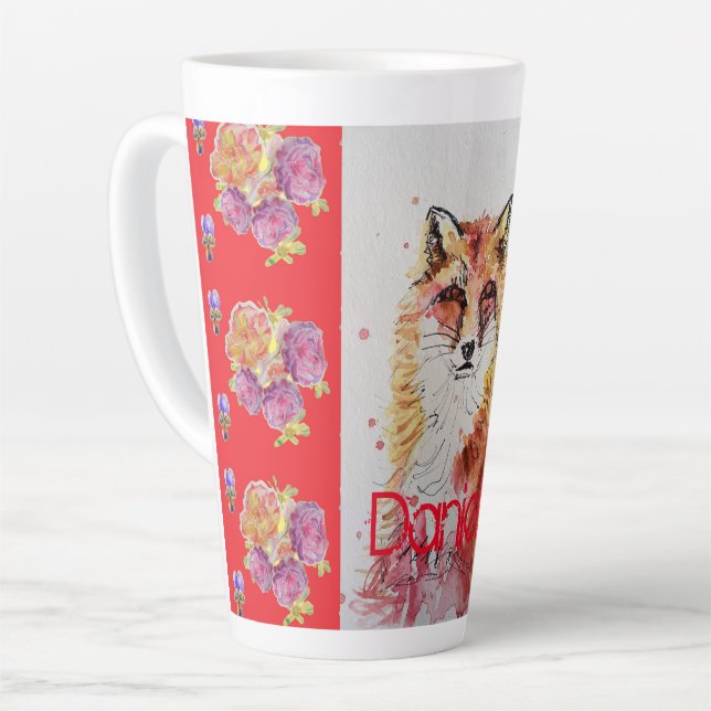 Niedliche Red Fox Animal Rose Aquarellfarbe Latte  Milchtasse (Linke Ecke)