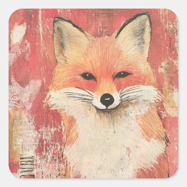 Niedliche Red Fox-Mischmedien Quadratischer Aufkleber (Vorderseite)