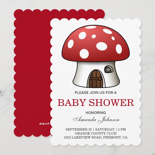 Niedliche Red Mushroom House Kinderdusche Einladun Einladung (Vorne/Hinten)