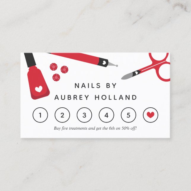 Niedliche Red Nail Artist Tools Loyalty Card Visitenkarte (Vorderseite)