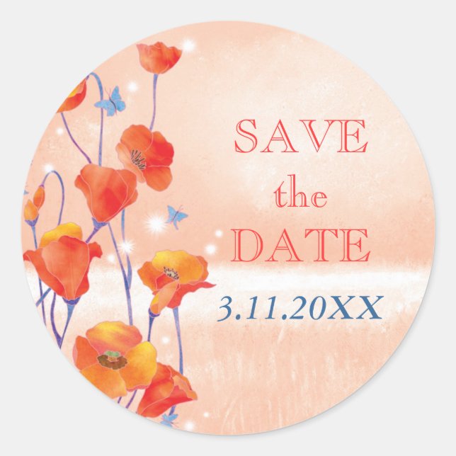 Niedliche Red Poppies Wedding speichern das Datum Runder Aufkleber (Vorderseite)