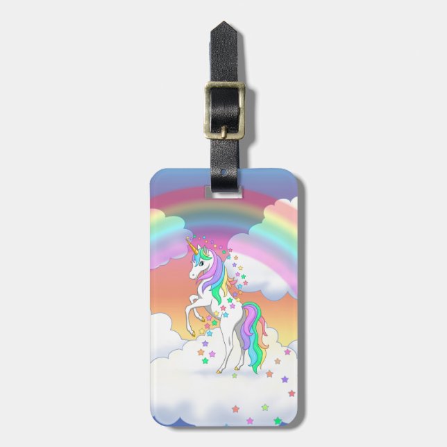 Niedliche Regenbogen Einhorn Farbige Sterne & Blum Gepäckanhänger (Vorderseite vertikal)